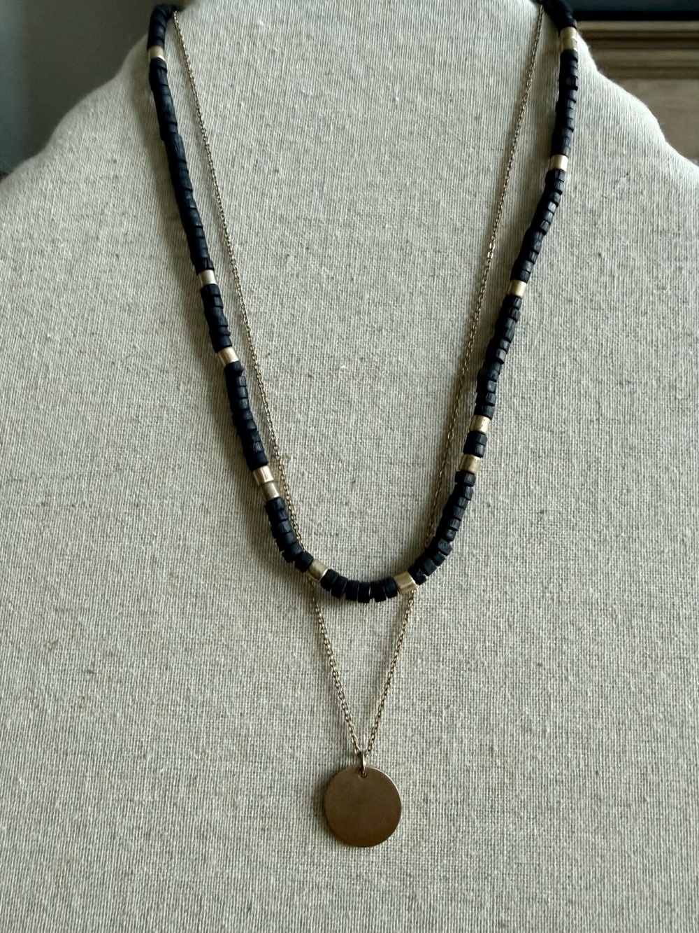 Layered Black Bead and Gold Disc Necklace - Women Jewelry